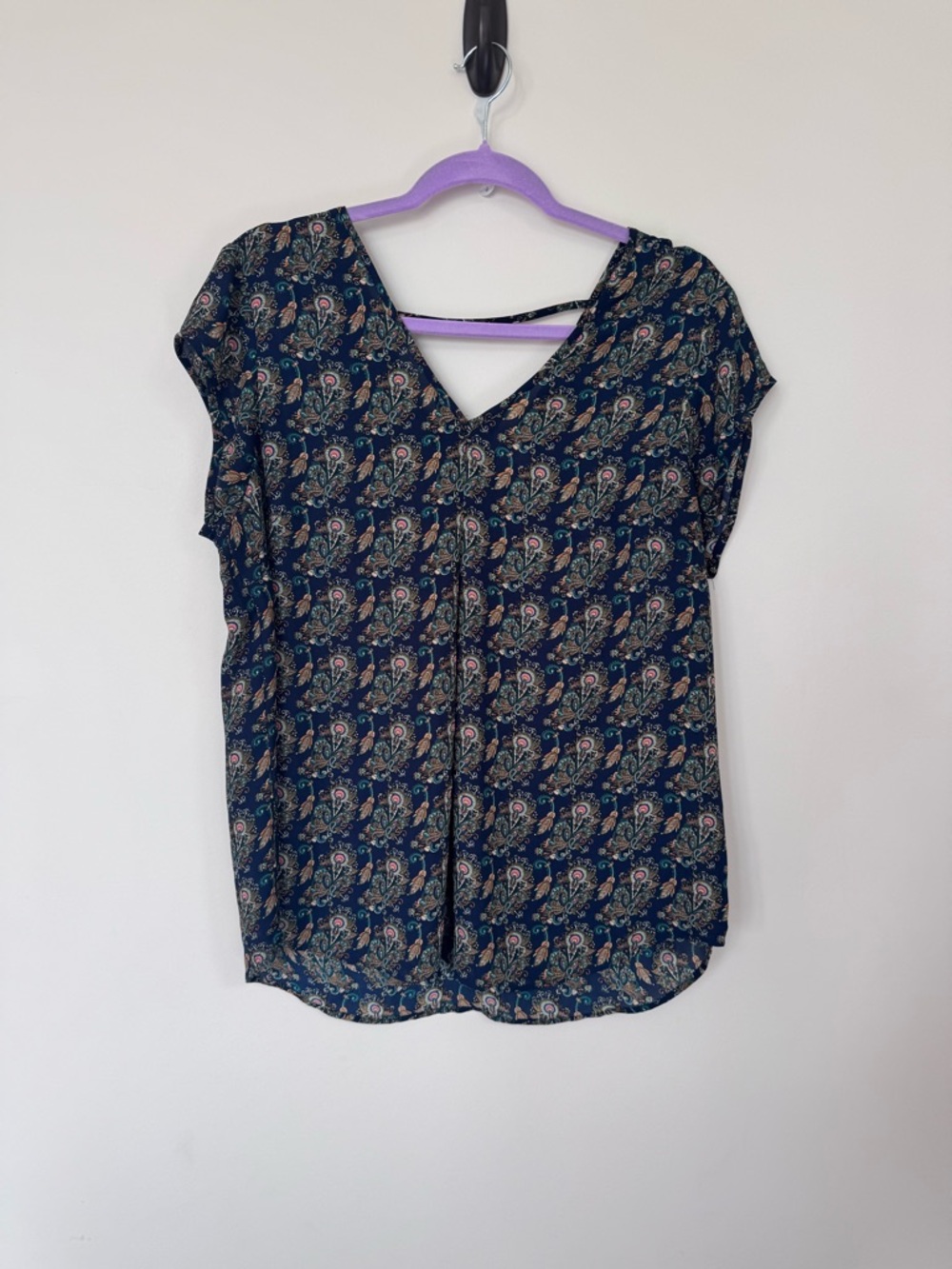 DR2 Navy Blue Paisley V-Neck Short Sleeve Blouse
